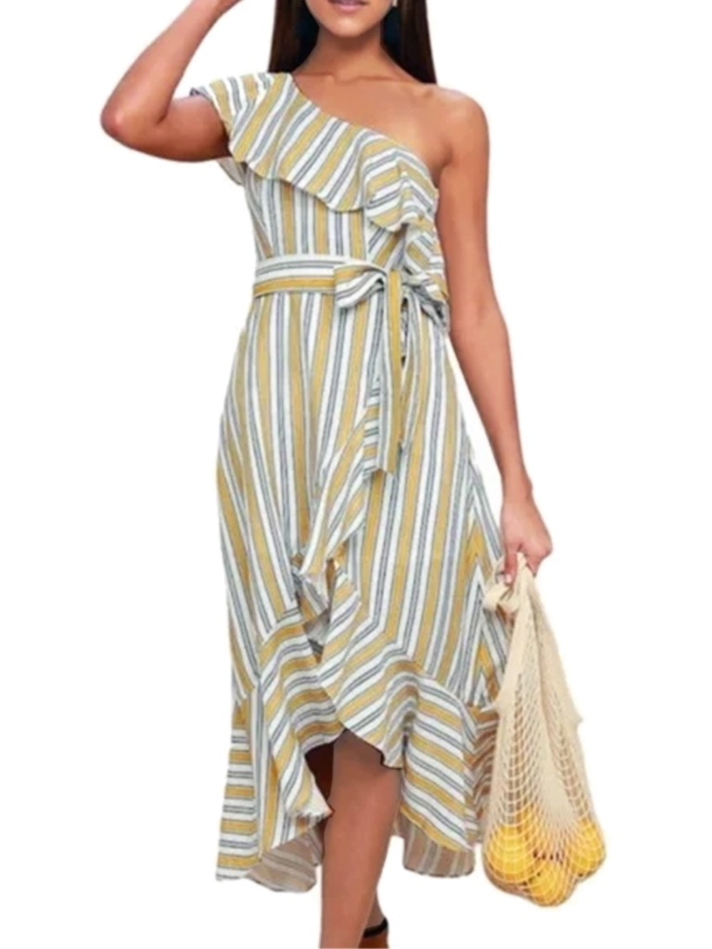Lulus High Tide Striped One Shoulder Midi Dress Flounce Ruffles Rayon Blend